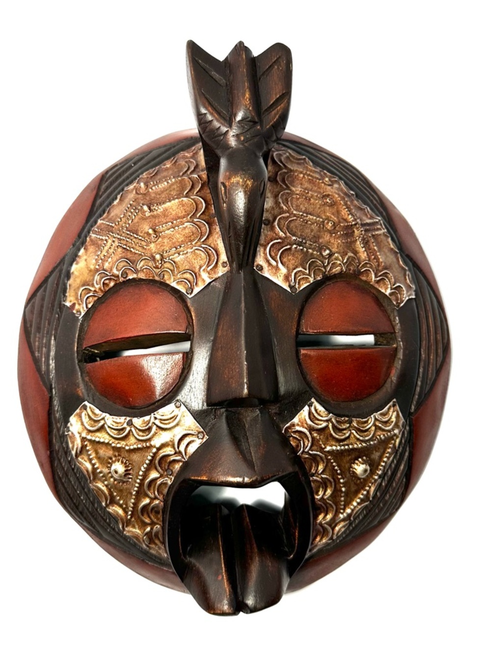 African Ashanti Tribal Mask Bird Carved Wood Metal Details Handcrafted in Ghana